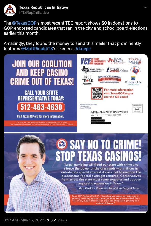 Republican Party of Texas Mailer Featuring Chairman Matt Rinaldi