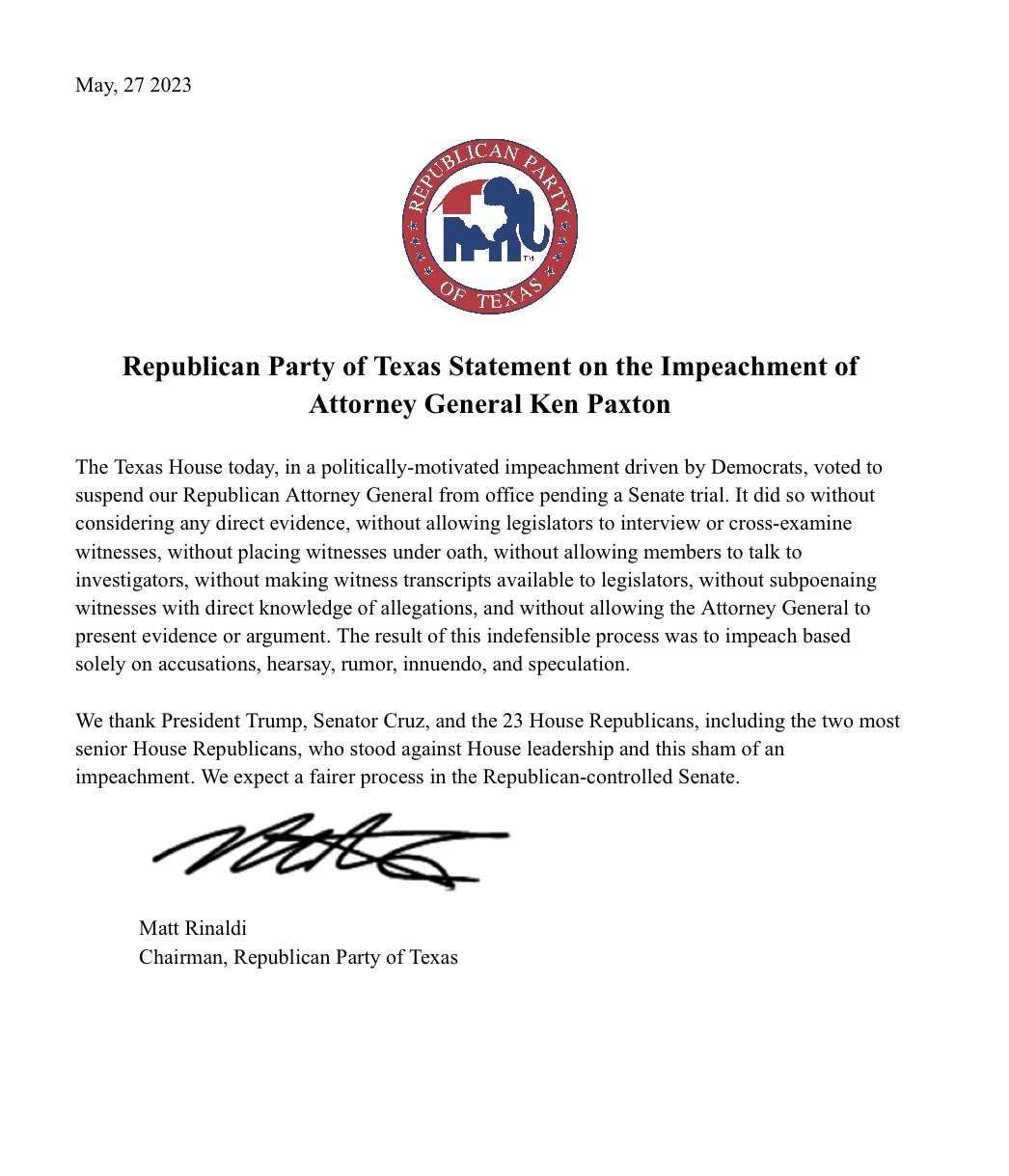 Letter from Republican Party of Texas Chairman Matt Rinaldi